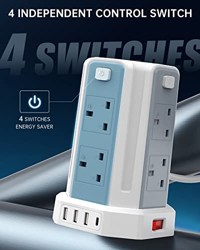 Tower Extension Lead with USB Slots, (13A 3250W) Surge Protection Extension lead with 4 Control Switch, 8 AC Outlets & 4 USB Ports Plug Extension Socket, Extension Cable 3M for Office, Home, Kitchen