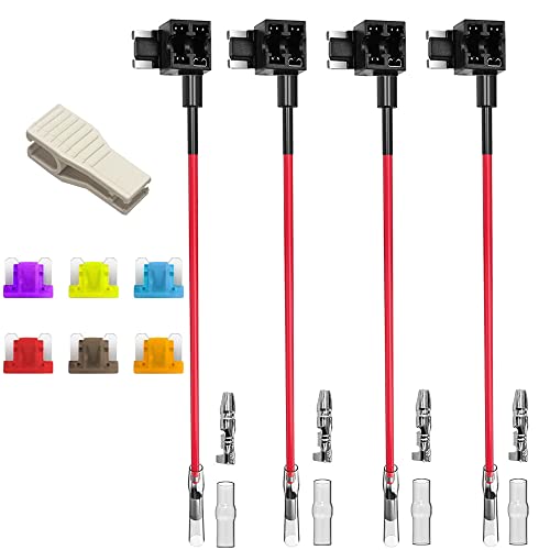 Gebildet 12/24V Low Profile MINI Add-a-Circuit Fuse Tap, Mini Piggy Back Blade Fuse Holder with Wire Harness, 6 pcs Mini Blade Fuse (3A 5A 7.5A 10A 15A 20A) and Fuse Puller (Pack of 4)