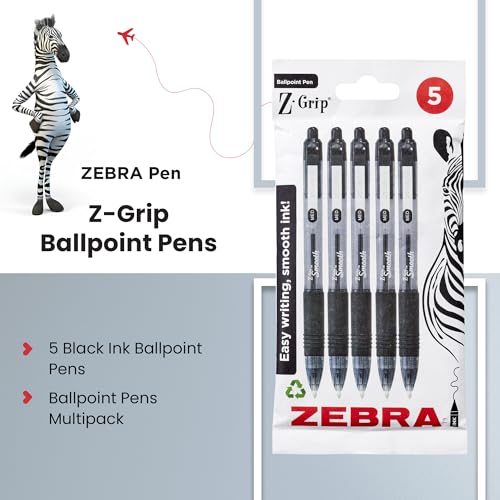 ZEBRA Pen Z Grip Smooth Black Ballpoint Pens, Comfortable ZEBRA Pens With Pocket Clip, Retractable Ballpoint, Reliable Black Biro Pens Multipack For Everyday Use - Medium Point, 5pk