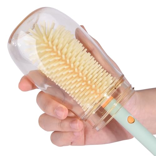 Bebamour Travel Baby Bottle Brushes for Cleaning 6 in 1 Portable Silicone Bottle Brush, Nipple Cleaner Brush, Straw Brush, Soap Dispenser and Bottle Drying Rack, Green