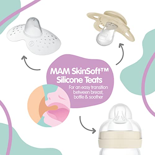 MAM Original Pure Soother 16and Months (Set of 2), Baby Soother Made from Sustainable and Bio-Renewable Material, SkinSoft Silicone Teat, with MAM Soother Case, Pink/Purple (Designs May Vary)