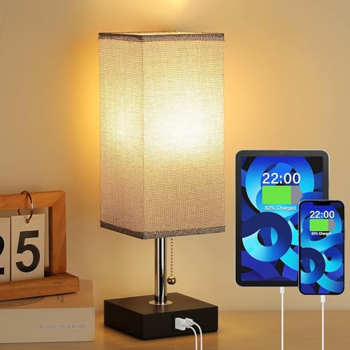 Aooshine Bedside Table Lamp, USB Bedside Lamps, Table Lamps for Bedroom with USB C and USB A Charging Ports, Bedroom Lamp with Grey Square Fabric Shade & Bedside Lamp (Bulb Not Included)