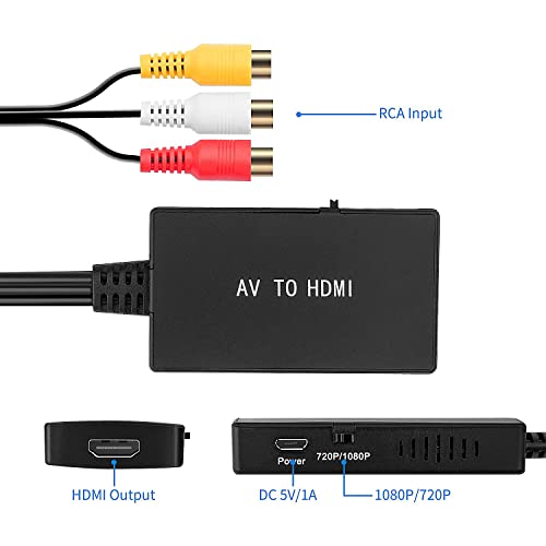 uhddadi RCA to HDMI Converter, AV to HDMI Adapter, AV Composite CVBS Video Audio Converter Adapter Supporting 1080P for PS2/PS3/ STB/Xbox VHS/VCR/Blue-Ray DVD Players