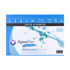 Daler-Rowney Aquafine Smooth Hot-Pressed Watercolour and Gouache 300 gsm A4 Paper Pad, Glued 1 Side, Natural White, 12 Sheets, Ideal for Professional and Beginner Artists, Acid-Free