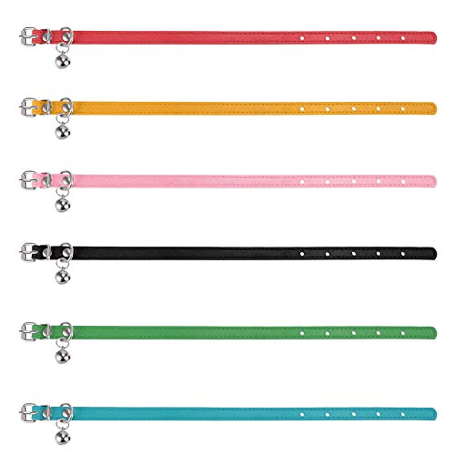 Yorgewd 6 Pack Leather Cat Collars with Removable Bell Polished Durable Metal Buckle Soft and Adjustable for Cats Puppy Small Medium Dogs