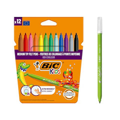 BIC Kids Felt Tip Pens, Kid Colour with Medium Blocked Tip, Vivid Colouring Pens, Washable Markers, Back to School Supplies, 12 Pack