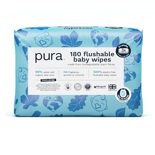 Pura Flushable Baby Water Wipes 3 x 60 per pack, (180 Wet Wipes) 100% Plastic Free, 99% Water, Suitable for Sensitive & Eczema Prone Skin, Biodegradable, Compostable, Vegan, Potty Training