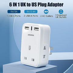 UK to US Plug Adapter, 6 IN 1 USA Travel Adapter with 2 USB-A Ports & 1 USB-C Ports(5V/3.4A) and 2 Shaver Plug Adaptor UK for Shaver/Toothbrush, US Plug Adapter for Thailand Mexico Colombia(Type B)