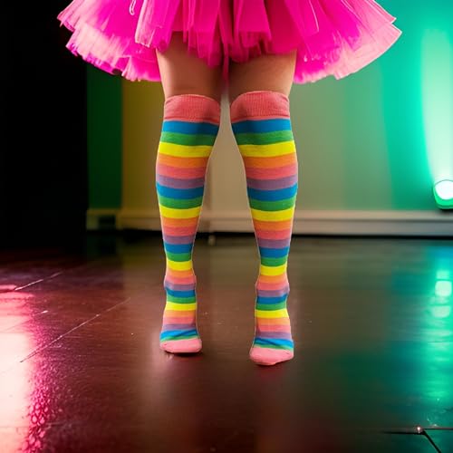 Colourful Baby World Kids Girls Cotton Rich Rainbow Striped Knee Socks (3-5 Years, Pink)