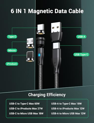 60W Magnetic Fast Charging Cable 7Pin [2Pack 1Mand2M], 6-in-1 USB C/A to USB C Magnetic Charger, 540° Rotating Magnetic Phone Charger Cable and Data Transfer Compatible with All Type of Devices