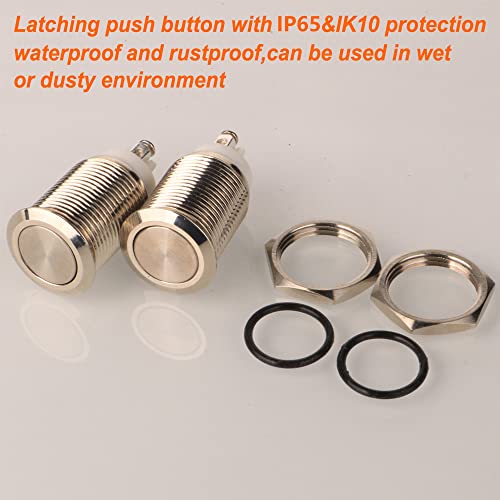 Gebildet 2pcs 16mm 12V/24V/125V/250V/5A Latching Push Button Switch with 2 Screw Terminals Stainless Steel Metal Waterproof Button(Flat Head)