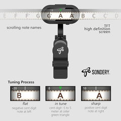 Sondery Clip On Tuner Rechargeable TFT Screen for Guitar Bass Ukulele and Wind Instruments, Headstock Chromatic Tuner Calibration 410-460Hz, Easy to Read in Strong Lights, Dual Rotatable Clip Design