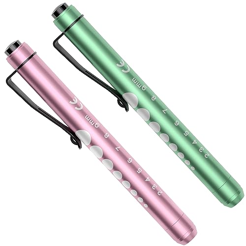 Pen Torch, RISEMART 2PCS Pen Light LED Pupil Gauge Pen Torches for Nurses Doctors Paramedic EMT Emergency Penlight Flashlight with Pocket Clip (Rose Pink and Green)