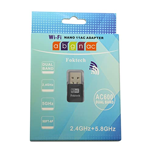 Foktech Wifi Dongle, AC600 802.11ac Dual Band 5GHz Mini Wireless Network USB Wifi Adapter for PC Desktop Laptop, Support Windows 11/10/8/7/Vista/XP, Mac Os X 10.9-10.15