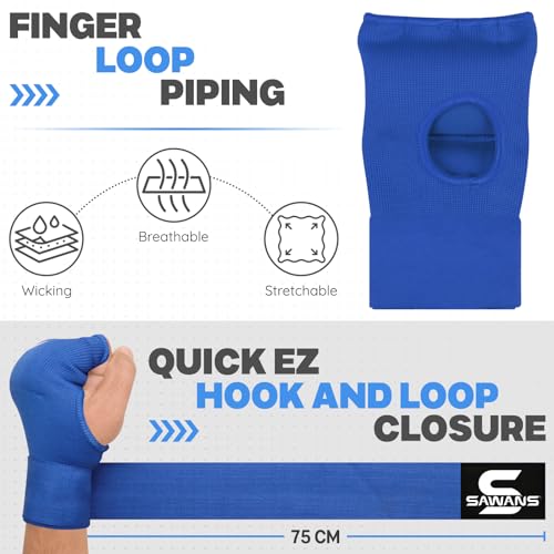 SAWANS Boxing Hand Wraps Inner Gloves for Hand Protection Long Wrist Straps Elasticated, Padded Martial Arts Combat Gloves Punching Bag Training Gel Mitts Muay Thai MMA (L/XL, Blue)