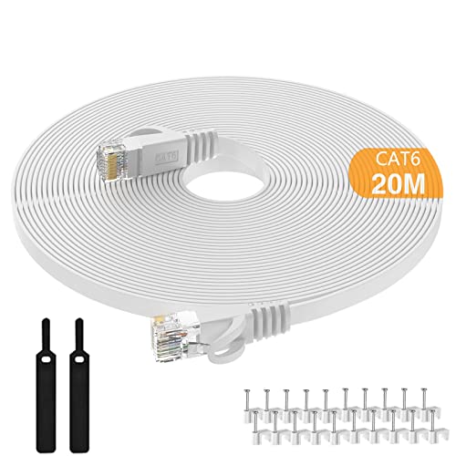 Cat6 Ethernet Cable 20m,High-Speed Patch Cable RJ45 Connector,Flat CAT 6 Lan Network Cords 250Mhz/s for Console PS3 PS4 PS5 Switch Router Modem Patch Panel PC TV Home Office-White-with Cable Clips