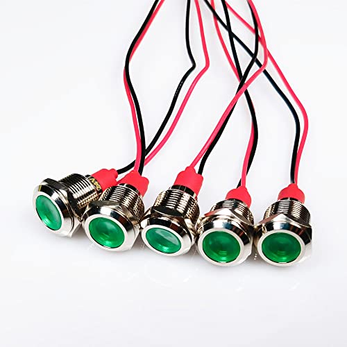 Gebildet 5pcs 12mm 12/24V DC LED Metal Indicator Light Waterproof Signal Lamp Pilot Dash Directional Car Truck Boat with Wire(Green)