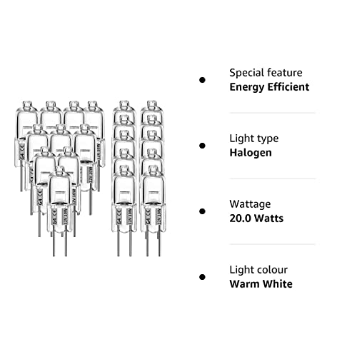 G4 Halogen Bulbs, 20 Pcs 12V 10W Halogen Light Bulbs 2 Pin Clear Capsule Lamp Bulb, Halogen-Pin-Base-Lamp Warm White Light Clear Capsule for Cooker Lighting, Signal Lights, Track Lighting (20 PCS)