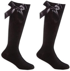 reshmena® 1 Pair Girls Knee High School Cotton Socks with Fluffy Ribbons Bow, Back to School Socks Uniform Party Comfort Fit Long Socks Stocking Girls Bow Knee High Kids School Socks BLACK, Size 12-3