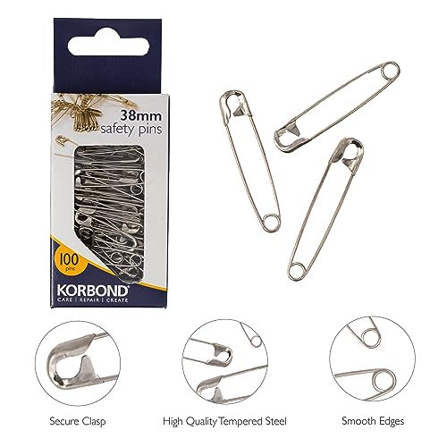 Korbond Safety Pins, Alloy Steel, Silver, 38mm