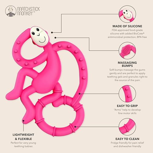 Matchstick Monkey, Antimicrobial Silicone Teether, Easy To Grip, BPA Free, 3 Months Oldand, 10 cm, Pink Mini Monkey