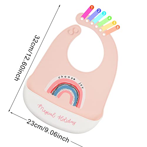 FILOWA Baby Bibs Silicone,3 PCS Baby Weaning Bibs Waterproof Feeding Bibs Soft Baby Bibs Food Wide Catcher Pocket Easily Wipe Clean Adjustable Machine Washable Bibs for Toddler infant Kids Girls,Pink