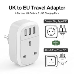 UK to European Adapter Plug with 3 USB Ports, EU Schuko Travel Euro Europe Grounded Charger for Germany France Spain Turkey Russia Iceland Greece Poland Portugal Austria Netherlands(Type E/F)