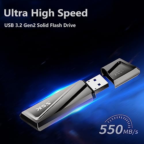 SSK 128GB USB C SSD Solid State Flash Drive, Up to 550MB/s Fast USB Memory Stick,USB3.2 Gen2 Thumb Drive Pen Drive and USB C Adapter for Type-C Android phone,Laptop, Tablets and more