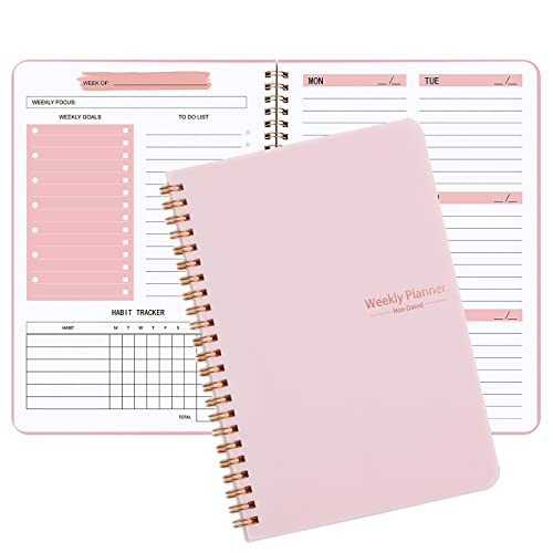 Weekly Planner Notebook, Undated A5 Planner Notebook Daily Planner To Do List Diary,Weekly Goals Planner with Habit Tracker 52 Weeks Planning for College Work Adhd Planner(Pink)