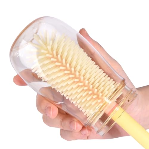 Bebamour Travel Baby Bottle Brushes for Cleaning 6 in 1 Portable Silicone Bottle Brush, Nipple Cleaner Brush, Straw Brush, Soap Dispenser and Bottle Drying Rack, Yellow