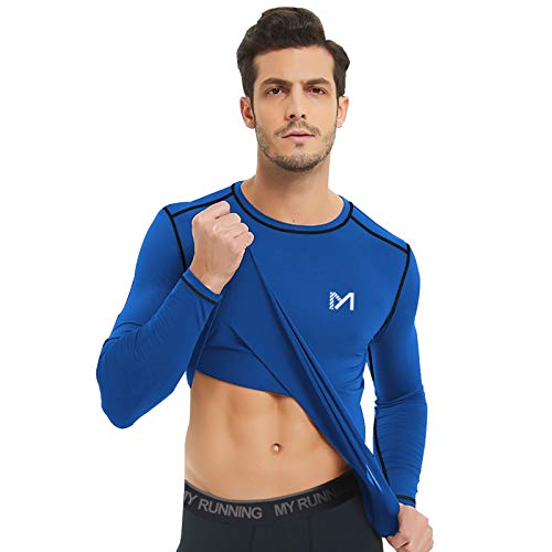 MEETYOO Men's MenÂ’s Compression Base Layer Top Long Sleeve T-shirt Sports Gear Fitness Tights for Running Gy Shirt, Blue, XL UK