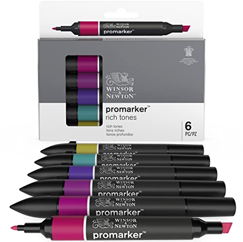 Winsor & Newton, Promarker, Rich Tones, Set of 6, Alcohol Based Dual Tip Markers
