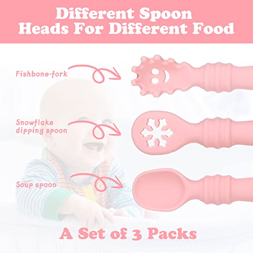 Vicloon Baby Fork and Spoon Set, 3Pcs Silicone Spoon Baby Weaning Spoon Set Self Feeding Utensil Easy Grip Toddler Cutlery Kit, Soft Baby Spoon for Infant Toddler Children First Led Training Weaning