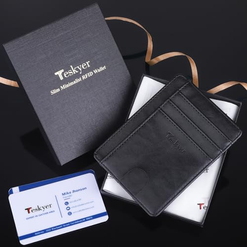 Teskyer Men Card Holder Wallet, Slim Credit Card Wallets, Minimalist, RFID Blocking, 1 ID Window, Holds up to 8 Cards, Black