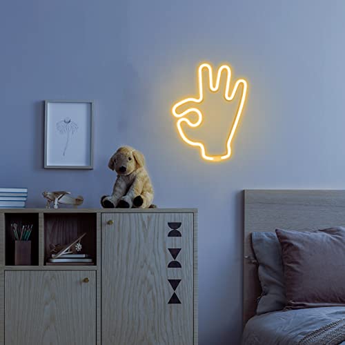 DWOOKE LED Neon Lights,OK Gesture Neon Signs Warm White Wall Neon Light USB or Battery Operated Hand Shape Light Hanging Decor Lights LED Signs for Bedroom Game Room Christmas Birthday Party Bar