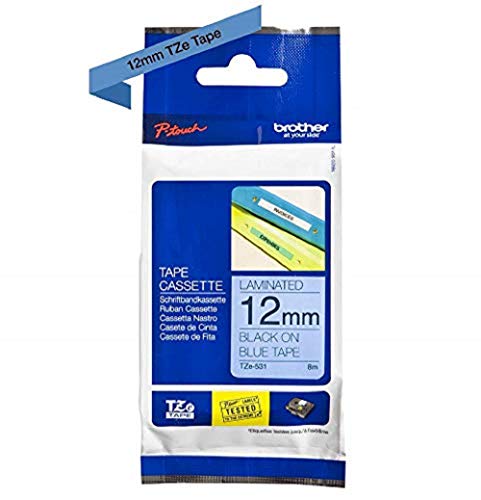 Brother TZe-531 Labelling Tape Cassette, 12 mm (W) x 8 m (L), Laminated, Brother Genuine Supplies - Black on Blue