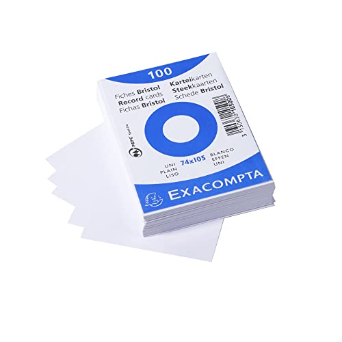 Exacompta - Ref 10500SE - Bristol Plain Record Cards (Pack of 100) - A7 in Size, 205gsm Card, Compatible with Printers - Suitable for Exam Revision & Notes - White