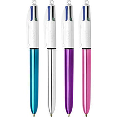 BIC 4 Colours Shine Pens, Multicoloured Pen, Retractable Ballpoint Pens, Biro Pens, Medium 1.0mm, Green, Blue, Black, Red, 3 Pens Per Pack, 1 Pack