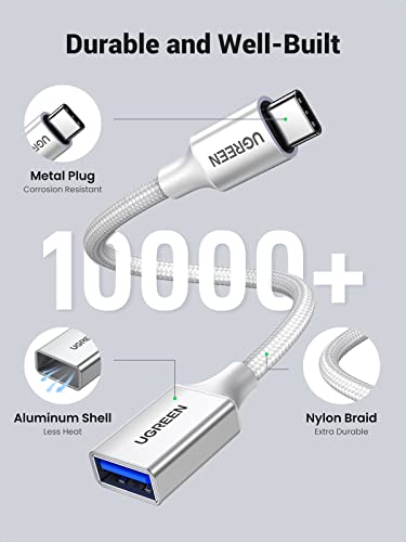 UGREEN 10Gbps USB C to USB Adaptor, Aluminum USB C Adapter OTG Cable Type C Male to USB 3.2 Female, Compatible with iPhone15/MacBook/iPad Air/Pro 2022 GalaxyS22 Dell XPS and more TypeC Devices(Silver)