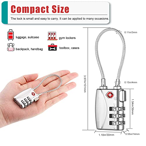 ZHEGE Luggage Padlocks TSA Approved, Flexible Cable Travel Locks, Coded Suitcase Lock, Small Padlock with 3 Digit Combination for Suitcases, Baggage, Backpacks, Briefcases (Silver, 2 Pack)