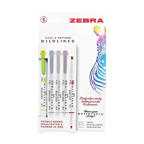 Zebra Pen MILDLINER Dual Tip Highlighter Pens, Pastel Highlighters For Adults, Broad & Fine Tip Markers & Highlighters, Double Ended Pens, 5 Pk - Cool & Refined Colours