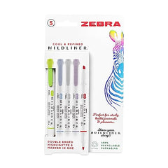 Zebra Pen MILDLINER Dual Tip Highlighter Pens, Pastel Highlighters For Adults, Broad & Fine Tip Markers & Highlighters, Double Ended Pens, 5 Pk - Cool & Refined Colours