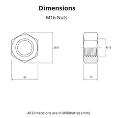 M16 (16mm) Steel Hex Nuts - Standard Thread - Pack of 5