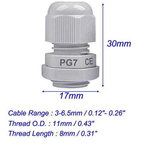 Gebildet Cable Gland, PG7 Plastic IP68 Waterproof Adjustable 3-6.5mm Cable Gland Joint with Gaskets, M12x1.5 Wire Connector, Wire Protector (Pack of 50, White)