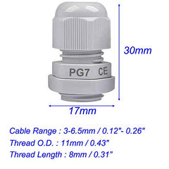 Gebildet Cable Gland, PG7 Plastic IP68 Waterproof Adjustable 3-6.5mm Cable Gland Joint with Gaskets, M12x1.5 Wire Connector, Wire Protector (Pack of 50, White)