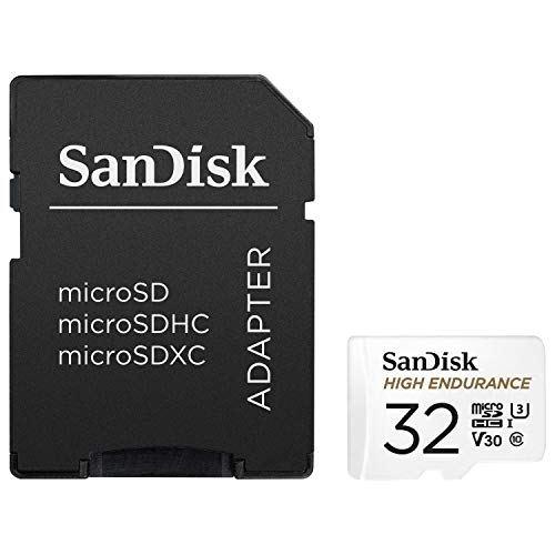 SanDisk HIGH ENDURANCE Video Monitoring for Dashcams & Home Monitoring 32 GB microSDHC Memory Card and SD Adaptor, Up to 100 MB/s read and 40 MB/s Write, Class 10, U3, V30, White