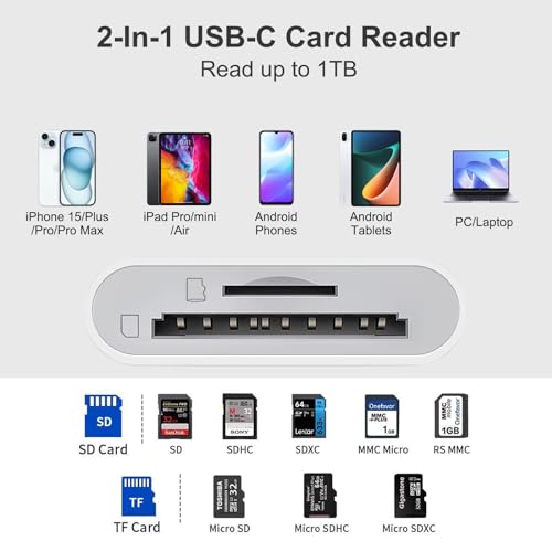 USB C Card Reader, SD to USB Type C OTG Adapter for SDXC, SDHC, SD, Micro SD/TF Cards for iPhone 15/Plus/Pro/Pro Max, MacBook Air Pro, iPad Pro/mini/Air, Samsung, Huawei, Xiaom, Pixel, etc