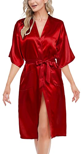 Lovasy Kimono Dressing Gowns Satin Kimono Robe Silk Dressing Gown for Women UK Long Silk Bride and Bridesmaid Robes,Red,L