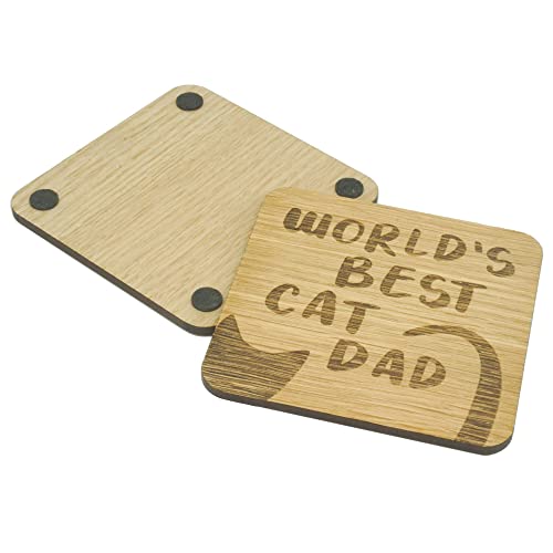 World’s Best Cat Dad Oak Veneer Coaster. Cute Kitty Coaster. Gift for Cat Father. Cat Dad Present. 9.7cm x 9.7cm Drinks Mat