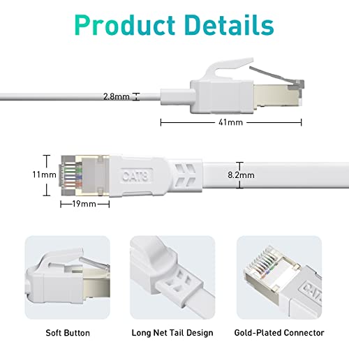 BAHIWOM Cat8 Ethernet Cable 20m with Clips, 40Gbps/2000Mhz High Speed Gigabit Lan Network Cable with RJ45 Gold Plated Connector, Internet Cable for Router Switch PS3 PS8 TV - White